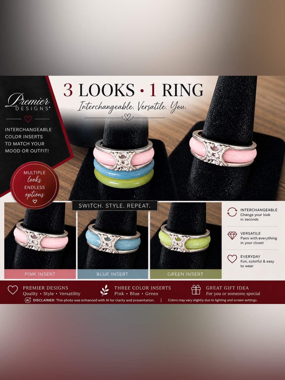 Vintage Premier Designs Interchangeable Ring Pink Blue Green Inserts